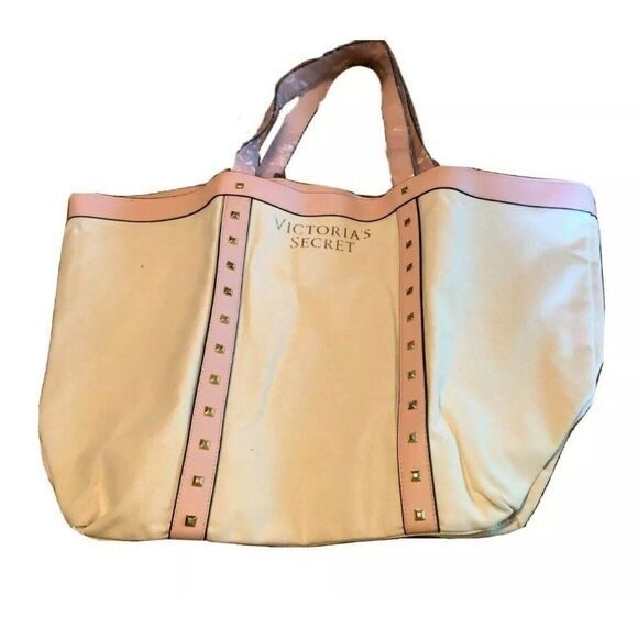 Victoria Secret Pink Studded Faux Leather White Large Tote Beach Getaway bag NEW - Picture 1 of 3